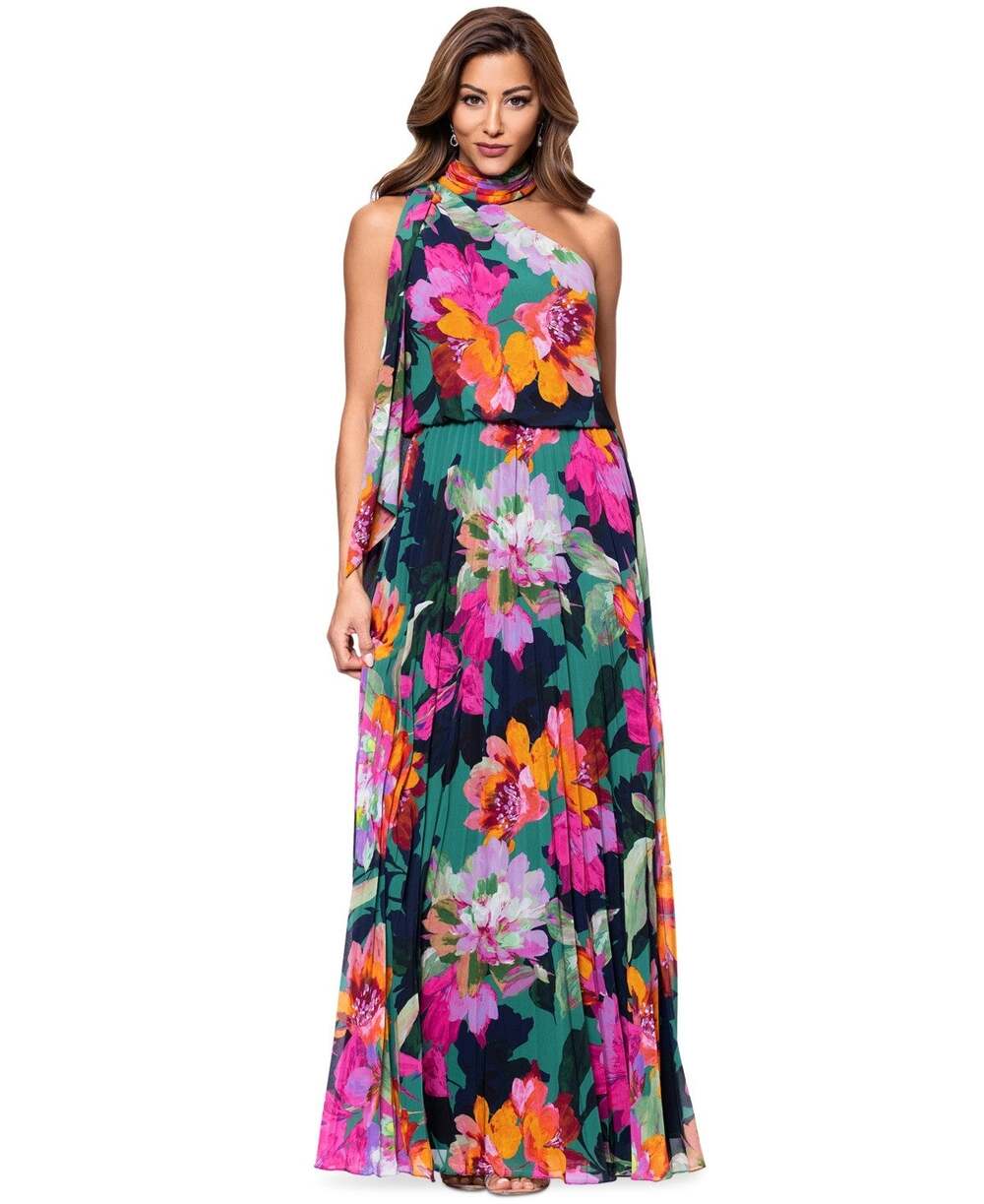 Xscape Pleated Floral Chiffon Scarf Dress Green Multi 14